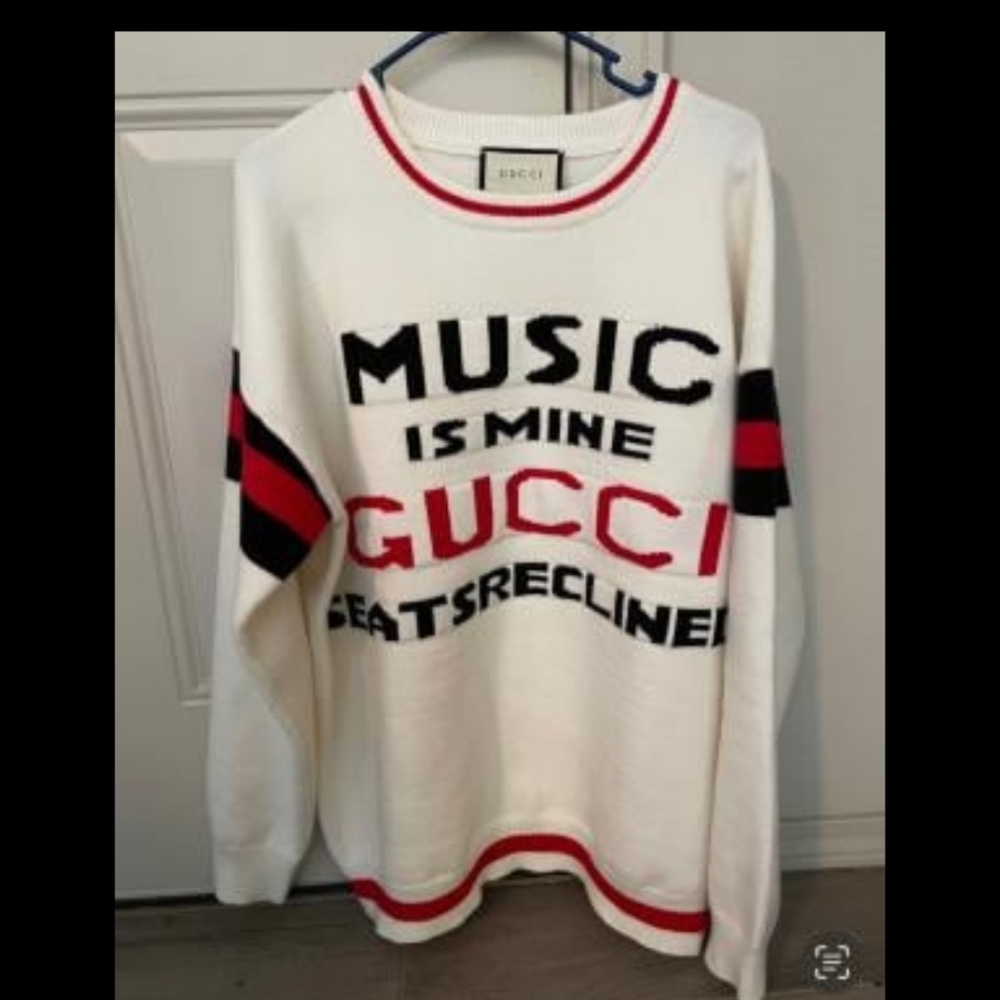 🇮🇹Gucci White and Red Crewneck Sweater with Bold Text MUSIC 🎶🎼🎸🎵